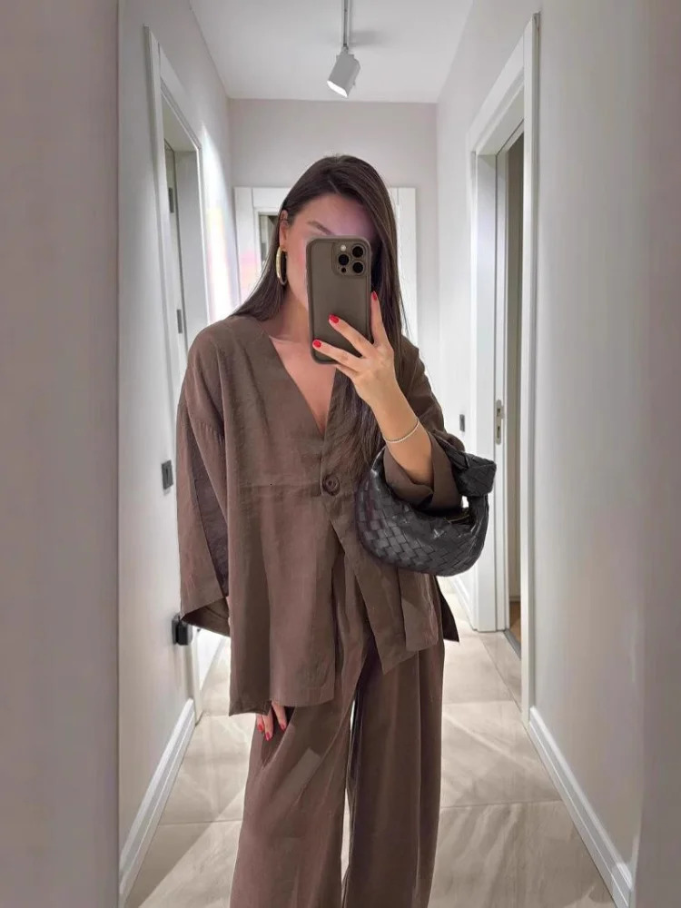 Solid Cotton Linen Loose Pants Set Women Casual Full Sleeve V-neck Buttons Top Wide Leg Pants 2025 Lady High Street Outfits 250715