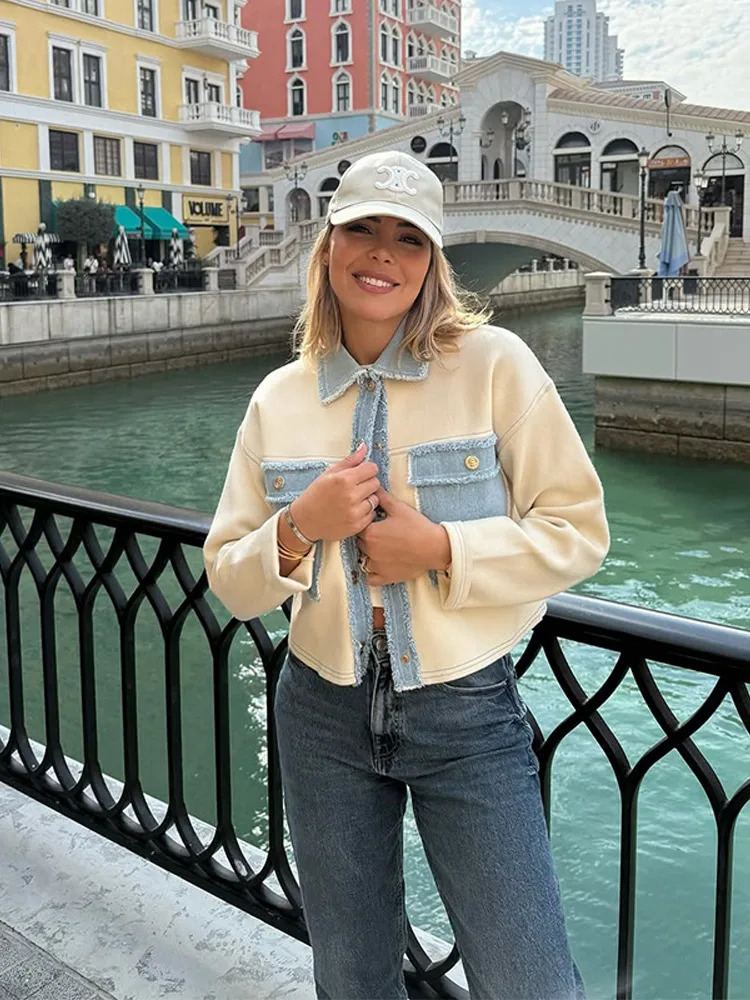 Chic Womens White Denim Patchwork Shirt With Pockets ShortLength Spring Comfortable Fit Casual Streetwear For Woman 250709