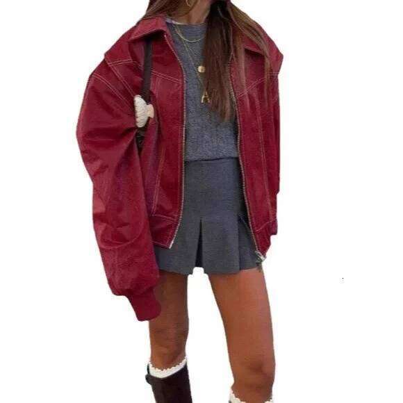 Vintageredzip-up Long Sleeve Leather Jacket Casual Style Lapel Patchwork Autumn/Winter New Arrival From China