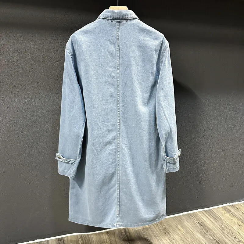 Spring Autumn Fashion Denim Trench Men Casual Windbreaker Coat Solid Color Long Mens Turn Down Collar Jackets Outerwear Man 250716