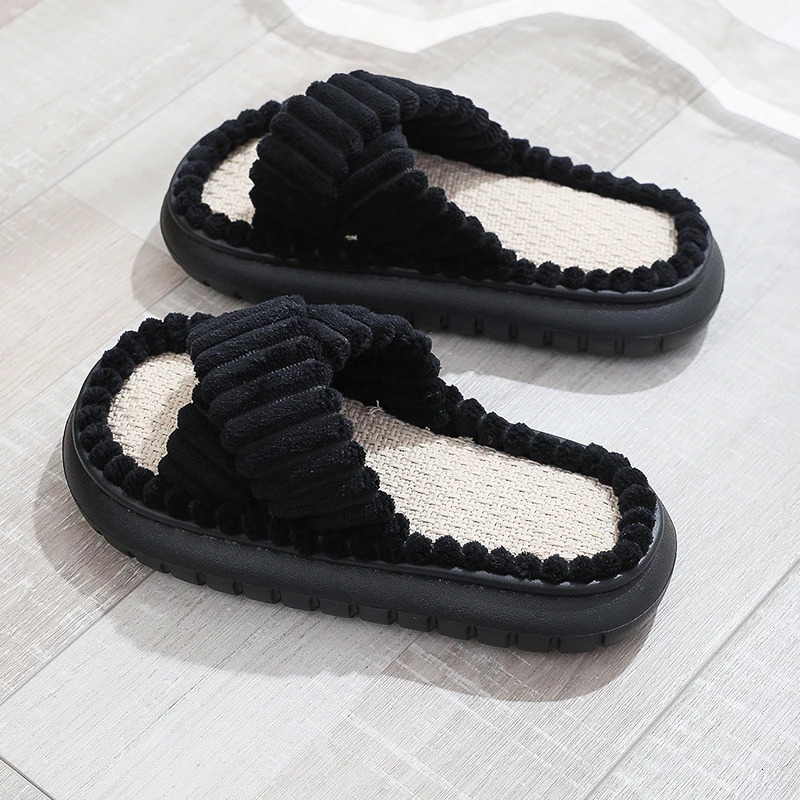 2024 Autumn Winter Women Home Slippers Open-Toe Cross Band Linen Soled Indoor Slides Linen Soled Non-Slip Bathroom Slippers 250716