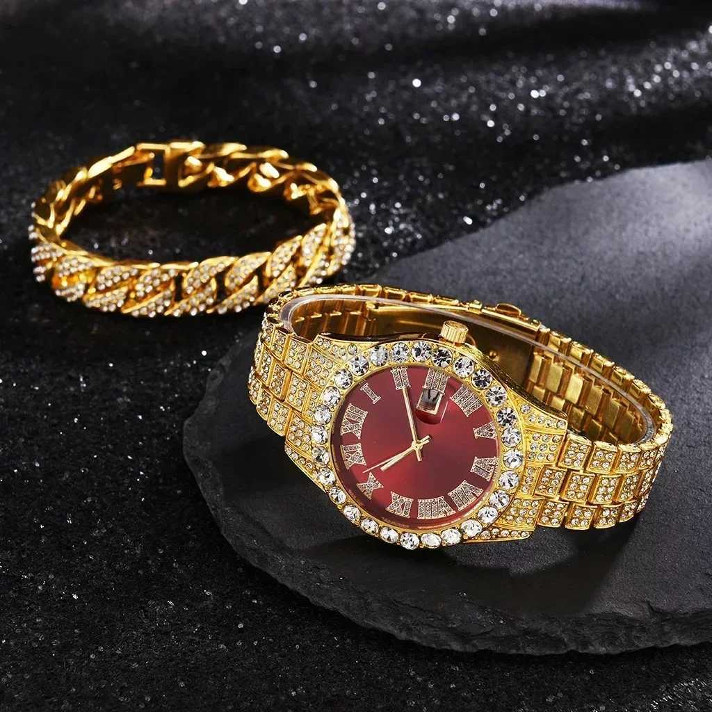 1/2Pc Watch Bracelet Set Hip Hop Stainless Steel Gold Color Calendar Watch Men Iced Out Paved Rhinestones Men Watch Reloj Hombre W250718