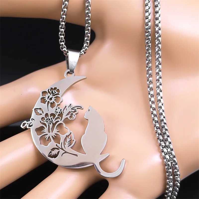 3220 Aesthetic Cat Flower Moon Crescent Necklace for Women Men Stainless Steel Silver Color Bohemian Chain Gift Jewelry Necklace W250718