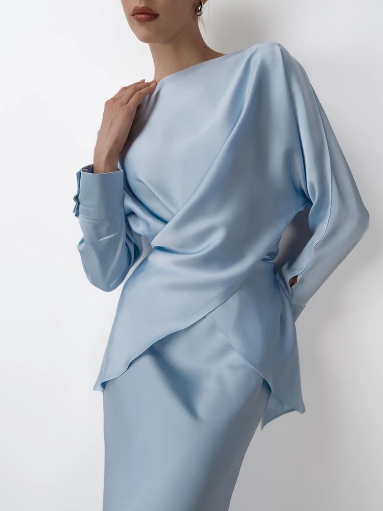 Spring Elegant Satins Outfit Women Long Sleeved Lace Up TopHigh Waist Loose Straight Bust Skirt Autumn Female Two Piece Set 250715