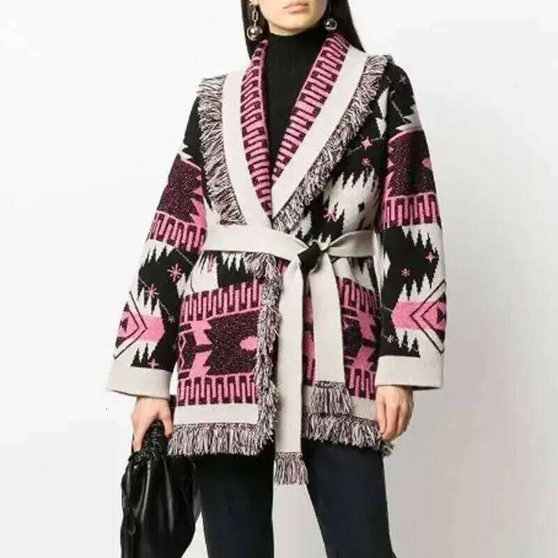 Designer Clothing Boho Inspired Cosmic Pattern Fringed Edge Cardigan Cashmere Warm Sweaters Belt Tied Winter Clothes Women Fashion