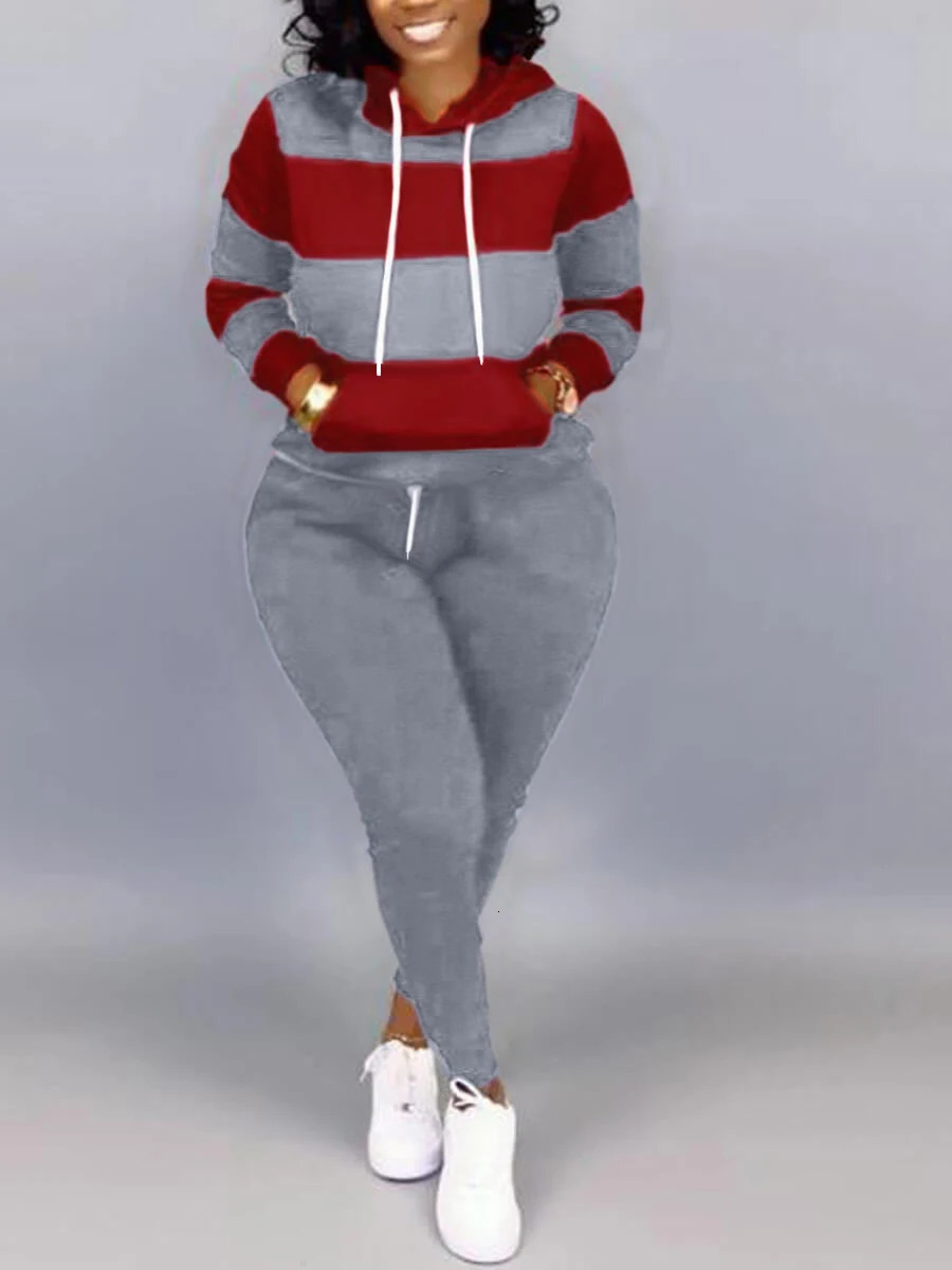 LW Plus Size Striped Drawstring Tracksuit Set Autumn Women Hoodie Pants Set Striped Printed Hooded Long Sleeve Warm Sweatshirts 250714