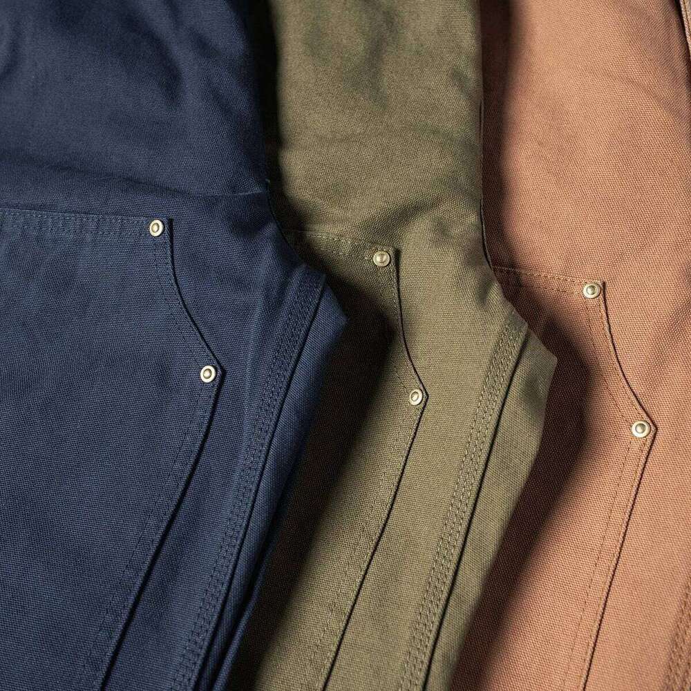 QT Old Era Double Knee Reinforced Canvas Overalls Double Knees American Retro Straight Thick Casual Pants