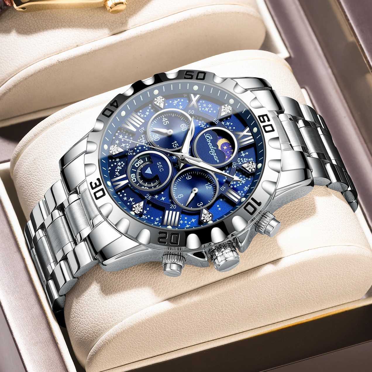 POEDAGAR Luxury Men Wristwatch Chronograph Waterproof Luminous Stainless Steel Mens Watch Functional Quartz Watches For Men Reloj W250718