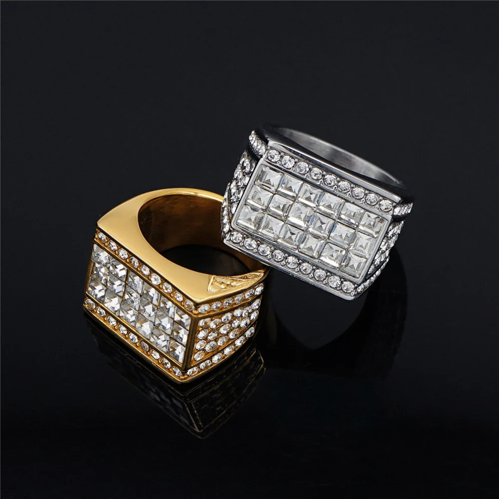 iced Out Mens Ring Gold Color Stainless Steel Cubic Zirconia Shiny Big Square Rings For Men Rapper Hip Hop Jewelry Drop 250717