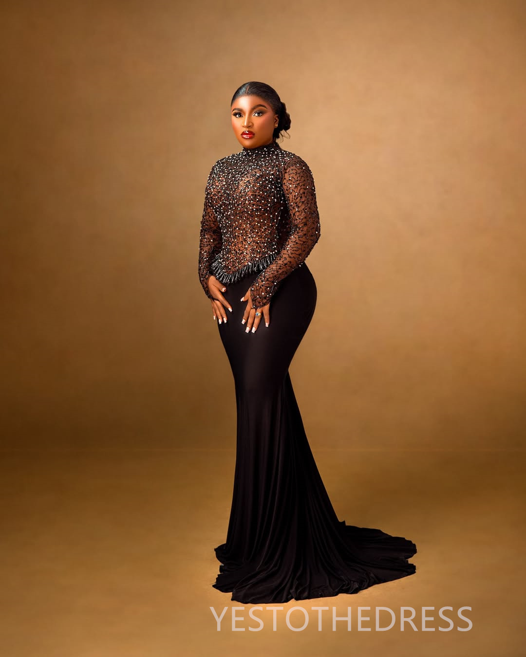 2025 Plus Size Black Aso Ebi Prom Dress Mermaid Prom Dresess Evening Formal Gowns High Neck Long Sleeves Lace Birthday Second Reception Gown For Black