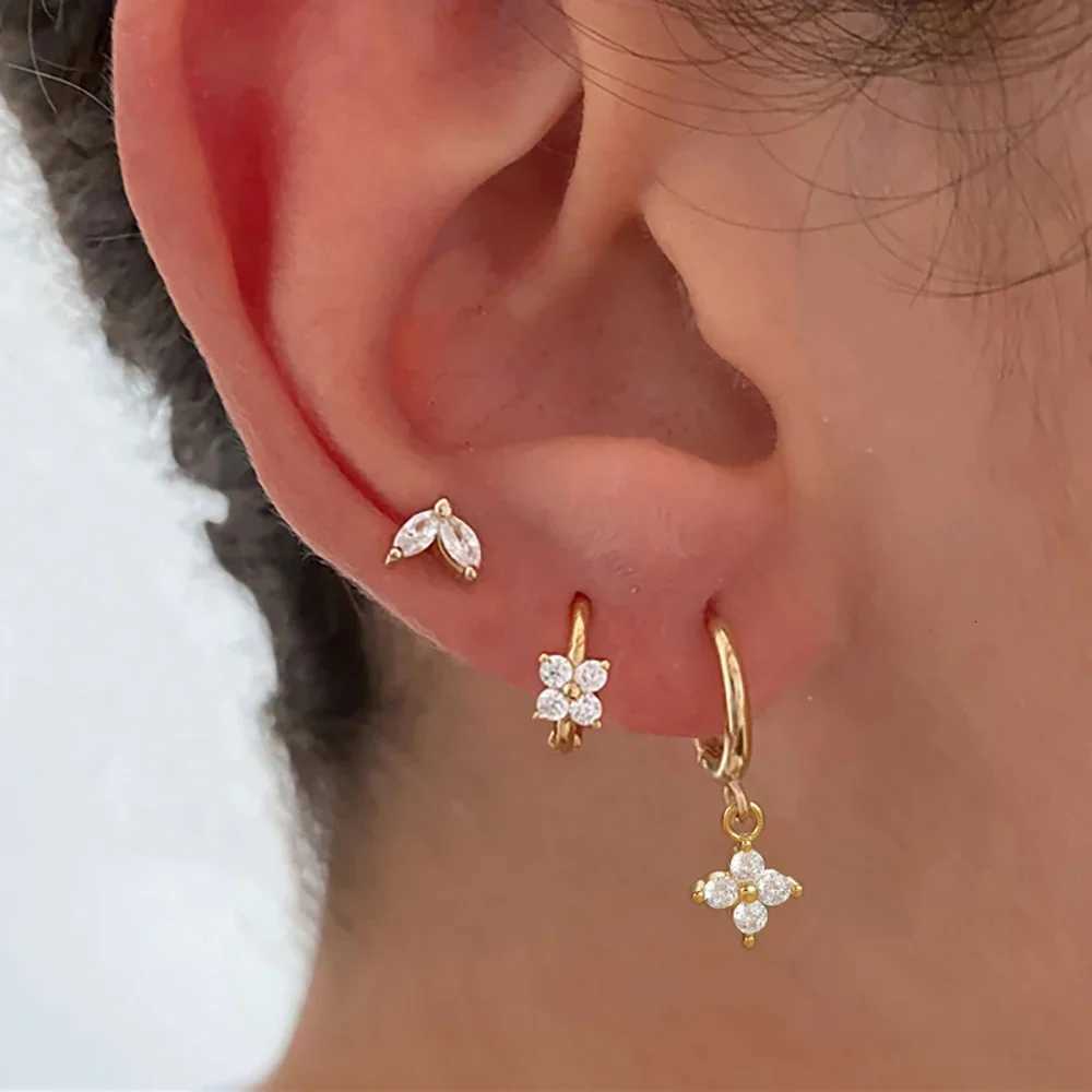 3PC Stainless Steel Zircon Flower Pendant Hoop Earrings Set for Women Tiny Huggies Cartilage Earring Set Piercing Jewelry Gifts XJ250718
