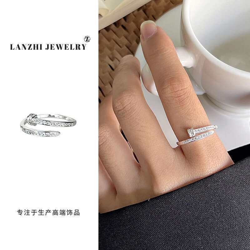 Lanzhi High-End Sense Nail Personality Light Luxury Micro-Inlaid Jewelry Women Ancient Bronze Korean Ins Open Silver Ring