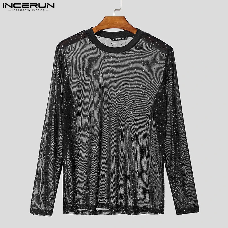 Fashion Casual Style Tops INCERUN Men Sparkling Fabric Slightly Perspective T-shirt Sexy Male Long Sleeved Camiseta S-5XL 250714