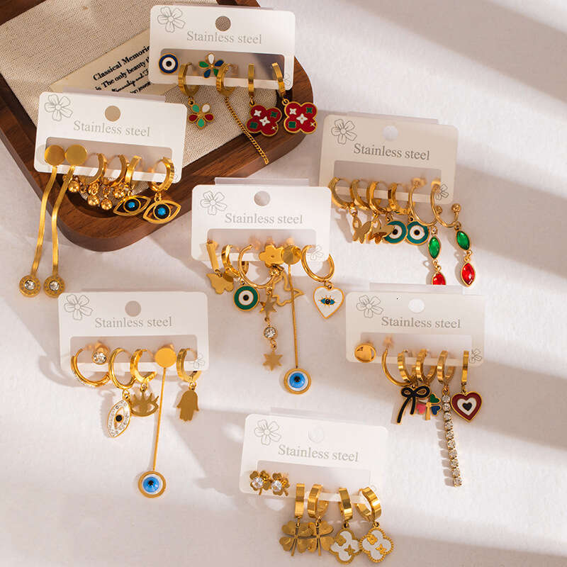 New Devil's Eye Stainless Steel Earring Set High-end Elegant Versatile Water Drop Earrings for Women