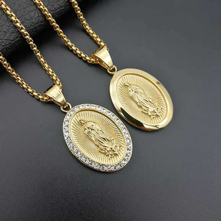 Virgin Mary Prayer Pendant Necklaces Gold Color 316L Stainless Steel with Rhinestone Women/Men Jewelry W250718