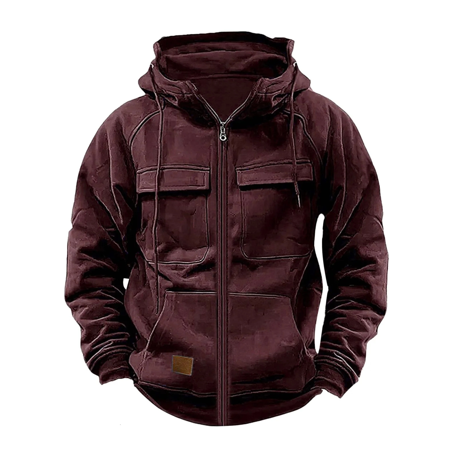 Autumn Winter Mens Hooded Solid Hoodies Jackets Multi Pockets Male Zipper Sweatshirts Sports Outdoor Casual Hoodie Coat 250716