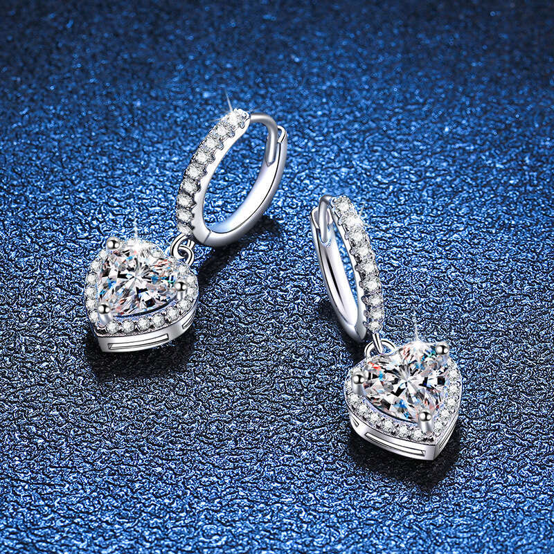 for Women, Sterling Sier Classic Heart-Shaped Earrings, One Carat Moissanite Earrings 326