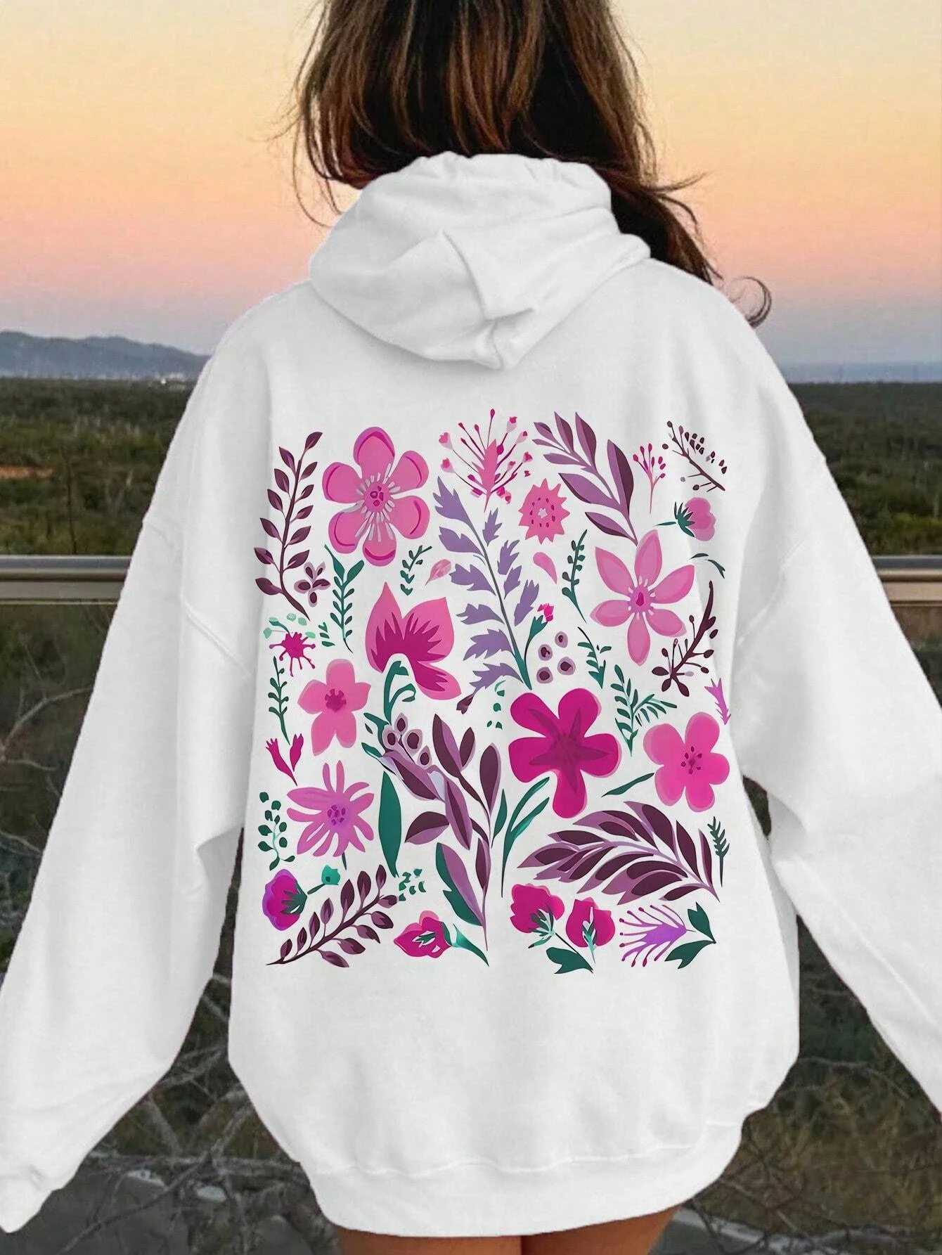 Pink Flower Women Hoody Harajuku Loose Sweatshirt Fleece Warm Comfortable Hoodies Vintage Autumn Crewneck Woman Top Z250719
