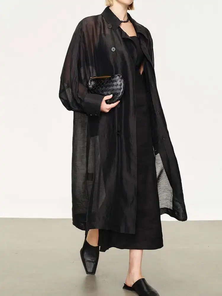 ZMEENNA Womens Lightweight Oversized Draped Trench Coat Long Sleeve Double Breasted Loose Fit Classic Lapel Chic Style ZM1054 250715