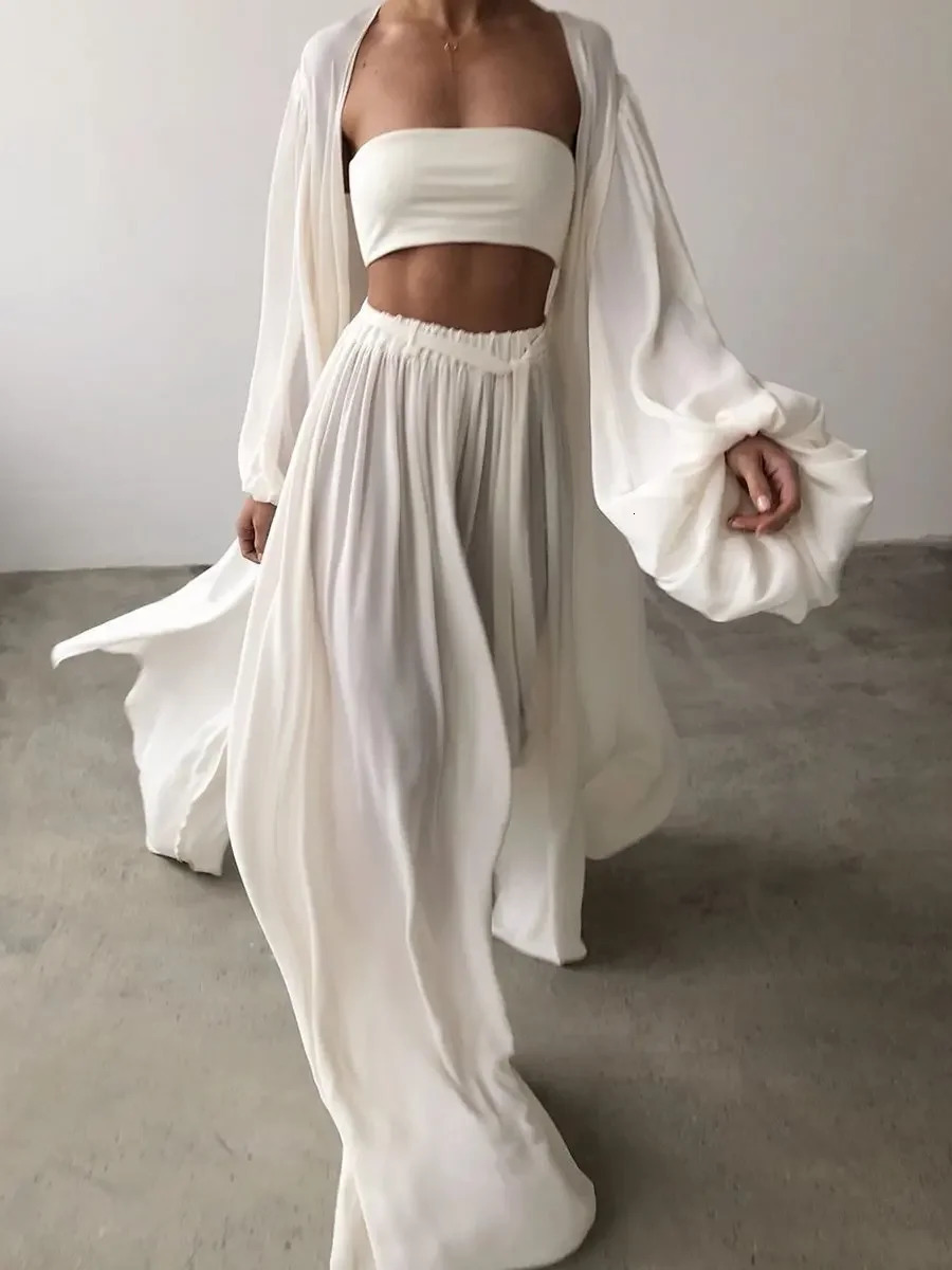 Spring Women Leisure Set Solid Chiffon Shirt Wide Leg Pants Three-piece Set Elegant Women Pants Set Office Lady Clothing 250715