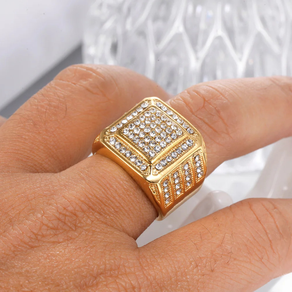Hip Hop Iced Out Bling Square Ring Male Wholesale Gold Color Stainless Steel Big Rapper Rings For Men Fashion Party Jewelry Gift 250717