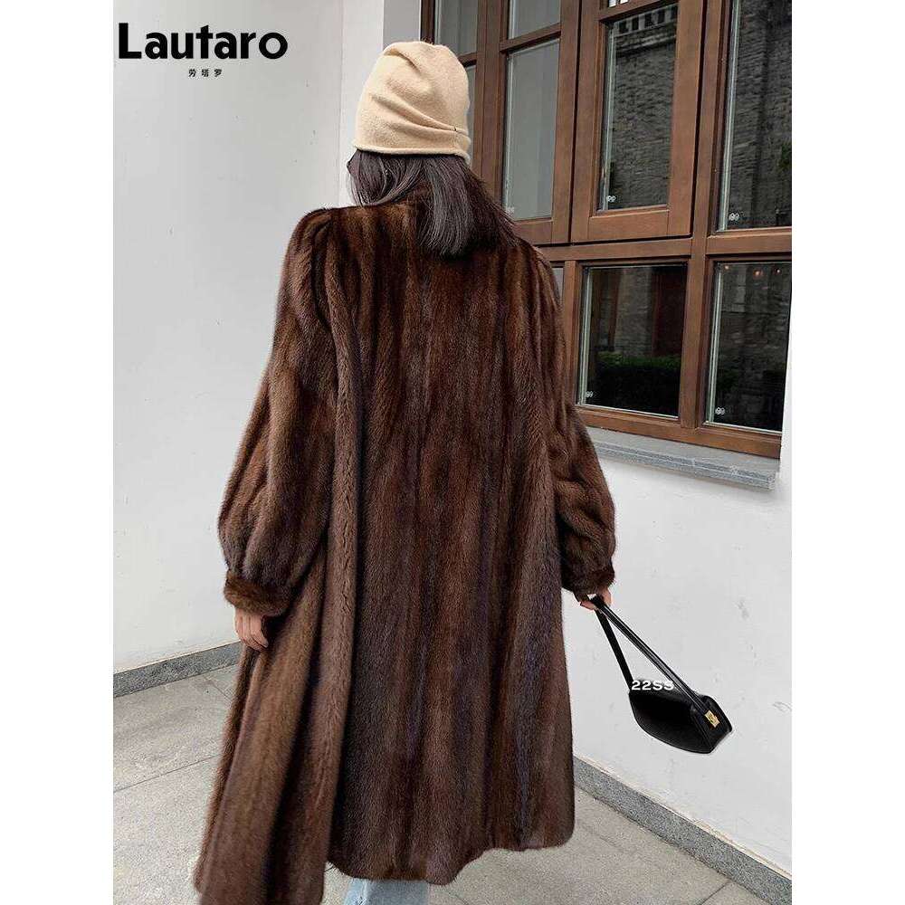 Lautaro Winter Long Brown Thick Warm Soft Faux Mink Fur Coat Women Puff Sleeve Elegant Chic Fluffy Furry Overcoat 2023 MDNG