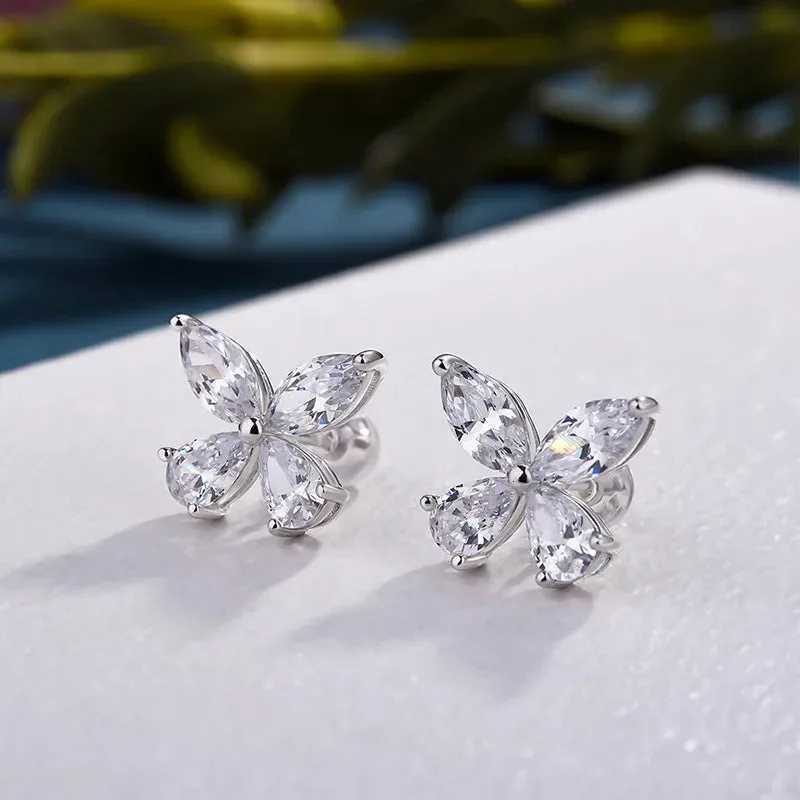 925 Sterling Silver Crystal Butterfly Shaped Stud Earrings for Women Dainty Female Ear Accessories for Party Wedding Bridal Jewelry XJ250718