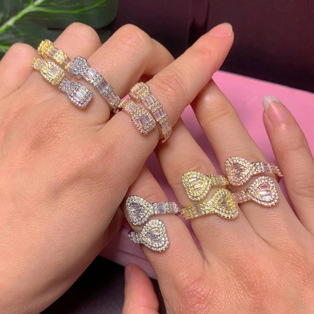 Iced Out Bling Square Heart CZ Adjustable Size Ring Gold Silver Color Micro Pave Rings Hip Hop for Men and Women Jewelry 250717