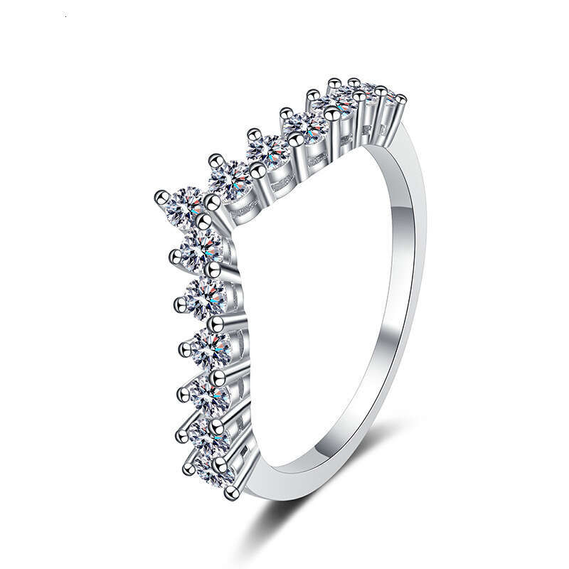 S Pure Silver for Women Full Diamond D Color Fine Craft Korean Version V-shaped Row Tail 78 Points Moissanite Ring 396