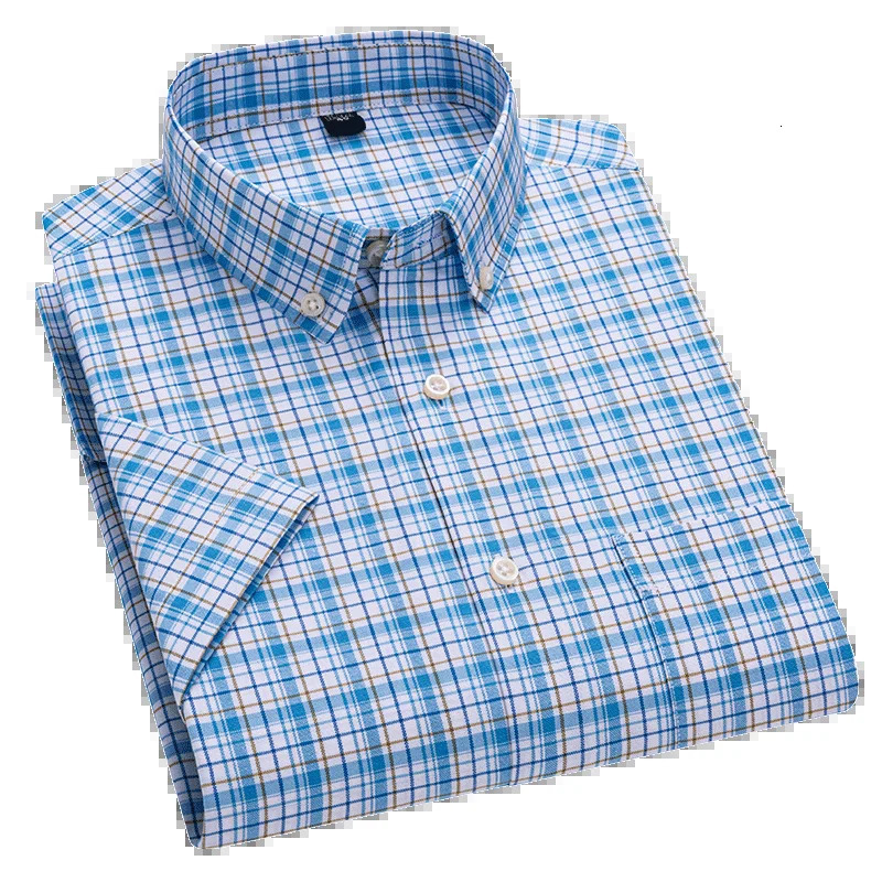 2025 Mens 100 Cotton Summer Stripe Shirts Short Sleeve Oxford Plaid Fashion Casual Slim Fit Comfortable High Quality Office 250717