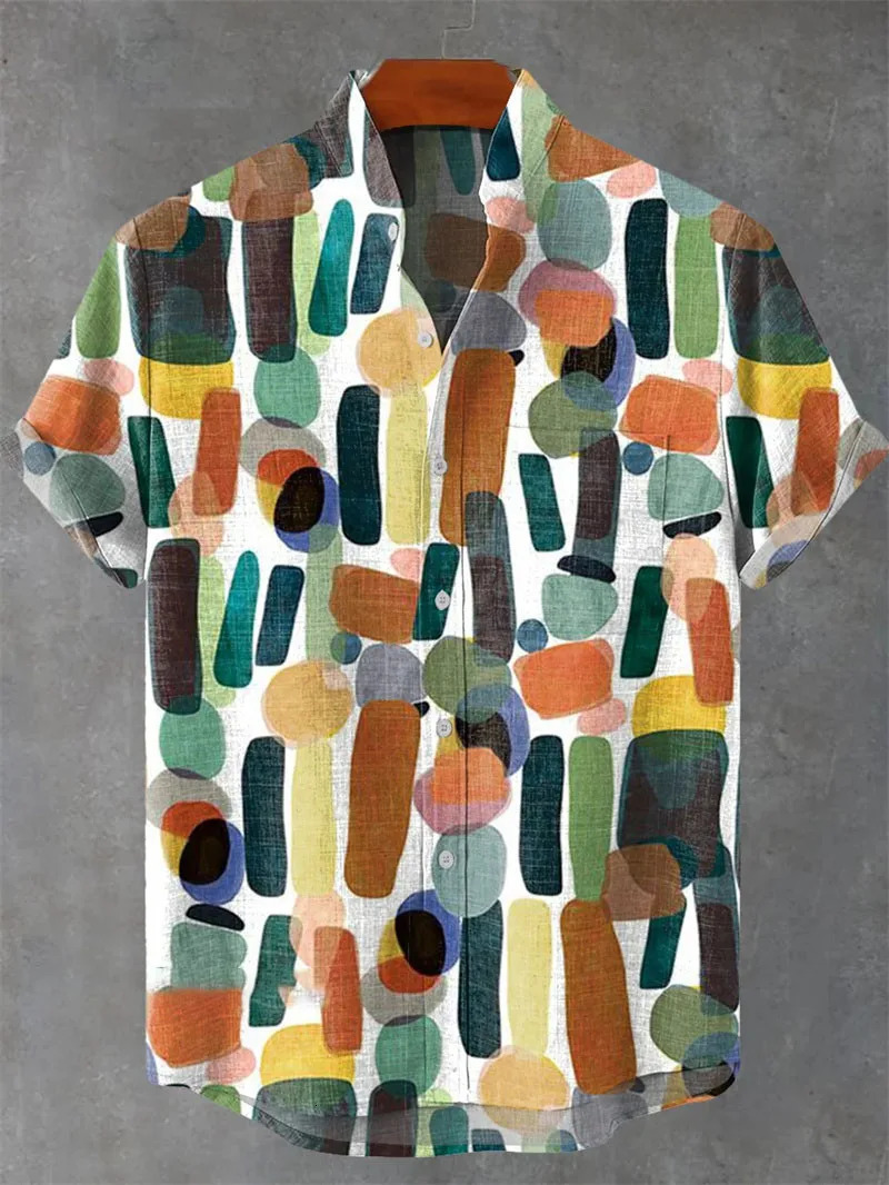 Mens Linen Summer Shirt Casual Short Sleeved Lapel 3D Checkered Striped Pattern Top Blusas Masculina 250717