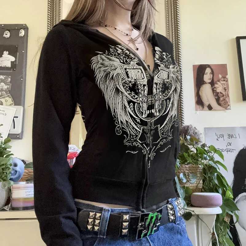 Darlingaga Gothic Dark Wings Printed Slim Jackets For Women Zip-Up Autumn Hooded Outwear Y2K Harajuku Streetwear Vintage Coats Z250719