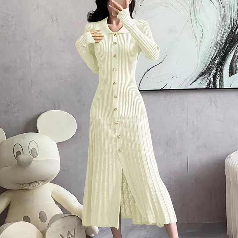 new Designer free shipping lapel knit dress for women slim fit waist hugging long skirt short sleeved hollow knit dress