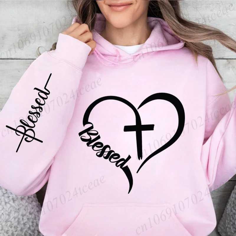Hoodie for Women Blessed and Heart Letters Warm Fleece Woman Hoody Sweatshirts Blessed Cross Autumn Hoodies Y2K Casual Tops Z250719