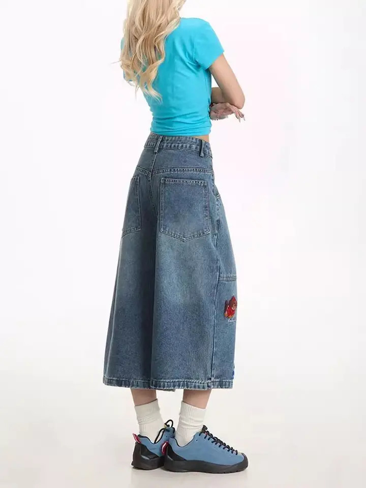Summer Vintage Washed Style Embroidered Street Y2K Bermuda Jeans Knee Length Denim Jorts Casual Shorts Cropped Trousers 250717