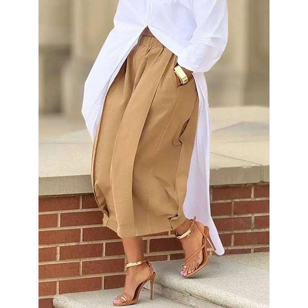 Beautyblue Khaki Women's Wide-leg Capri Pants Summer New Fashion Pocket Elastic Waist Loose Cotton Cropped Trousers