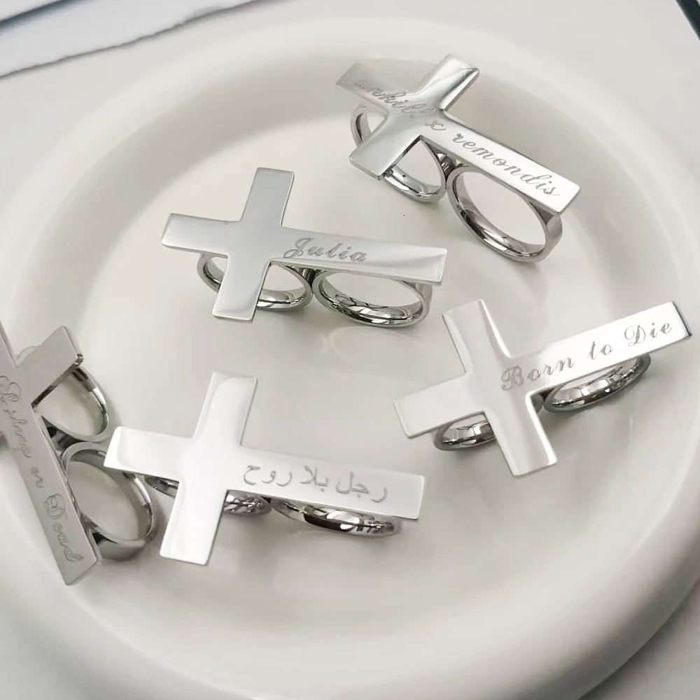 Custom Cross Ring Engraving Name Men Stainless Steel Two Fingers Knuckle Jewelry Women Personalized Gift for Boyfriend 250716