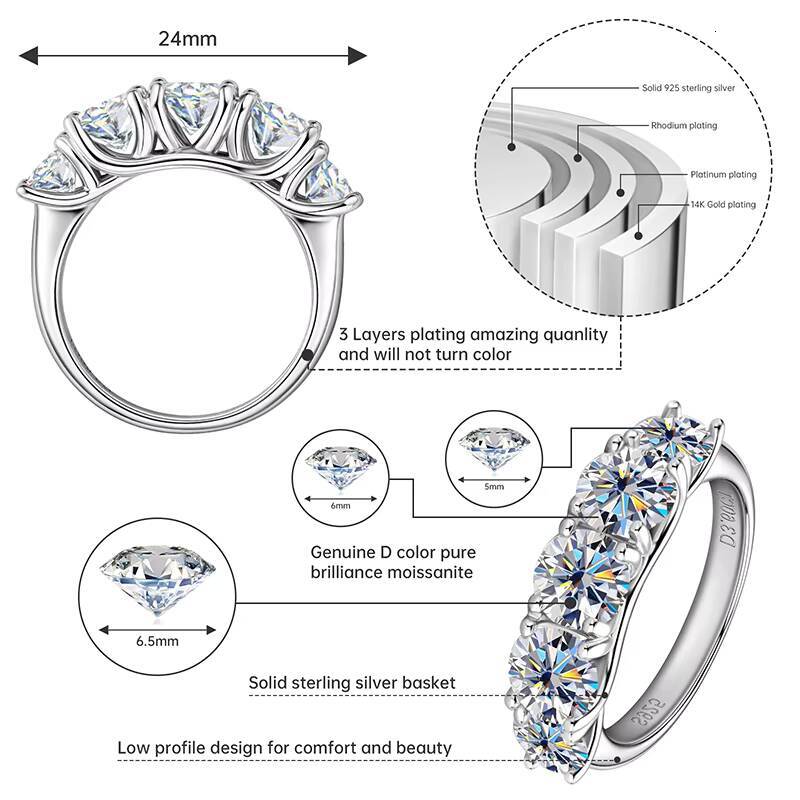 Engagement Wedding Ring Women D Color VVS1 925 Sterling Silver Five Stone Round Cut Moissanite Ring for Women