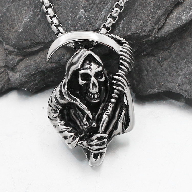 Japanese and Korean Skeleton Death Scythe Pendant Necklace Domineering Personality Stainless Steel Punk Trendy Men's Necklace Stainless Stee