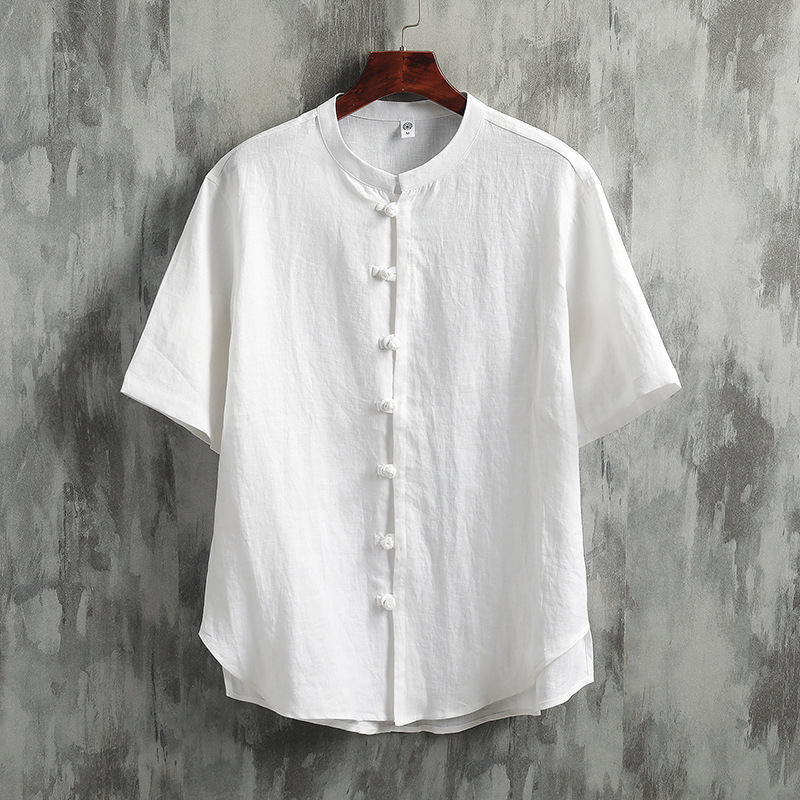 100% Pure Linen Style Mandarin Collar Short Sleeve for Men Summer New Chinese Tang Suit Zhongshan Shirt