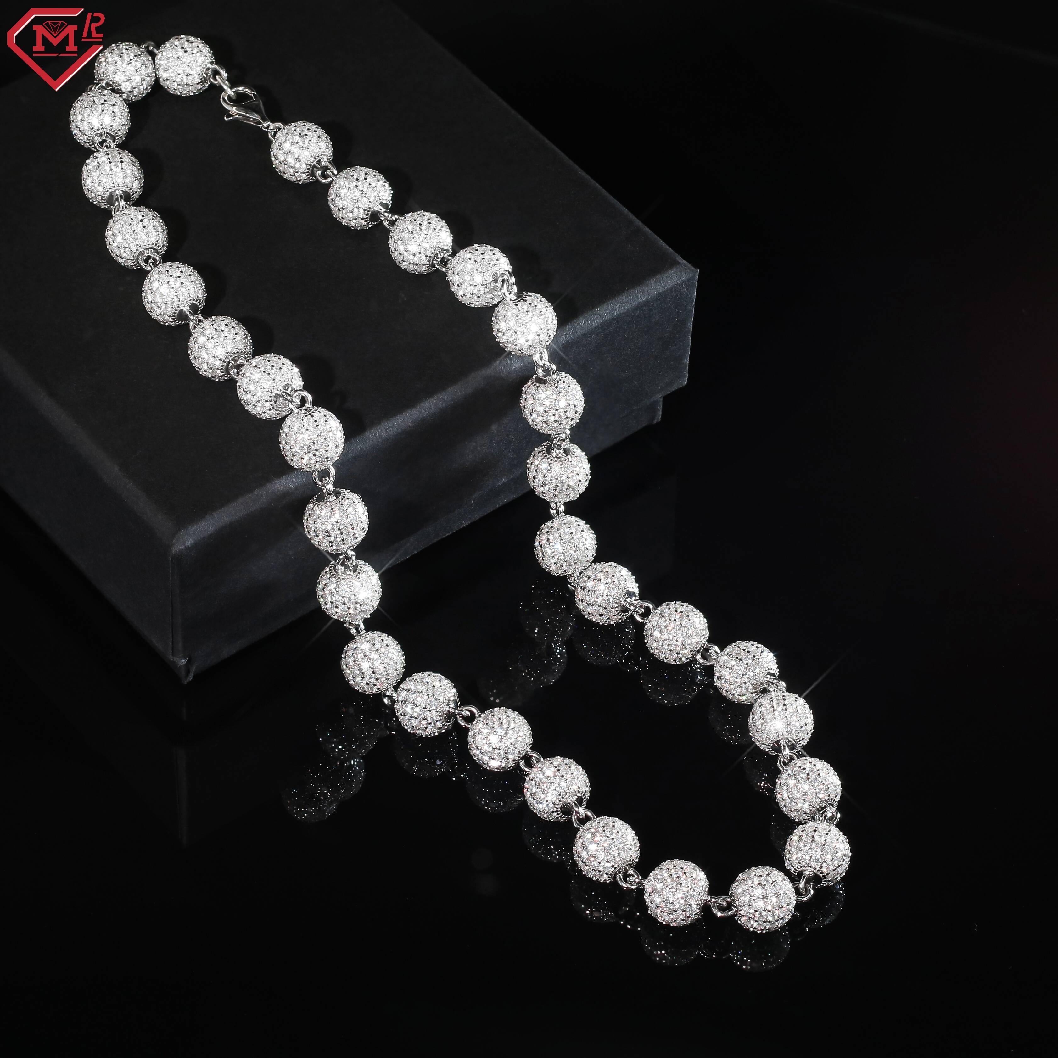 Iced Out Hip Hop Moissanite Chain 8mm 10mm Bead Chain 925 Sterling Silver Moissanite Ball Chain