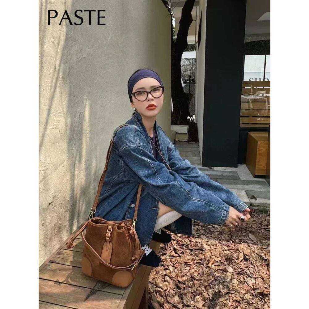 Retro Stylish String Close Gift Pouch Marroon Coffee Color Small Bucket Tote Matte Suede Leather Women Crossbody Shoulder Bag