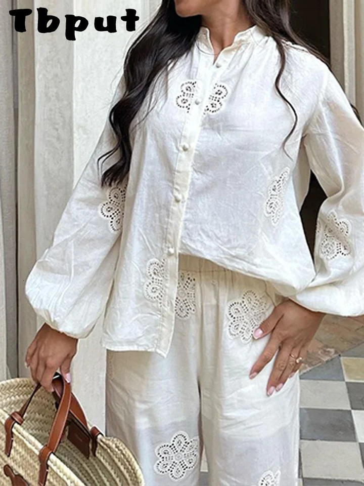 Womens Hollow Out Shirts Trouser Suits Long Sleeve O-Neck Solid Lady Sets 2025 Summer Fashion 2 Pieces Set Women Outfits 250715