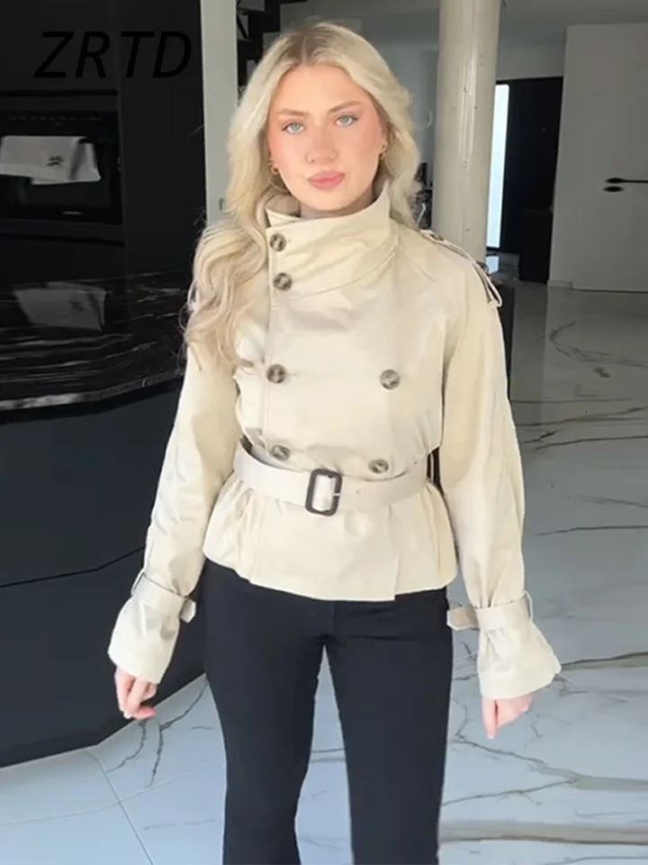 Fashion Womens Short Belt Jackets Turtleneck Double Breasted Full Sleeve Female Trench Coats 2025 Spring Lady Commute Outwear 250716