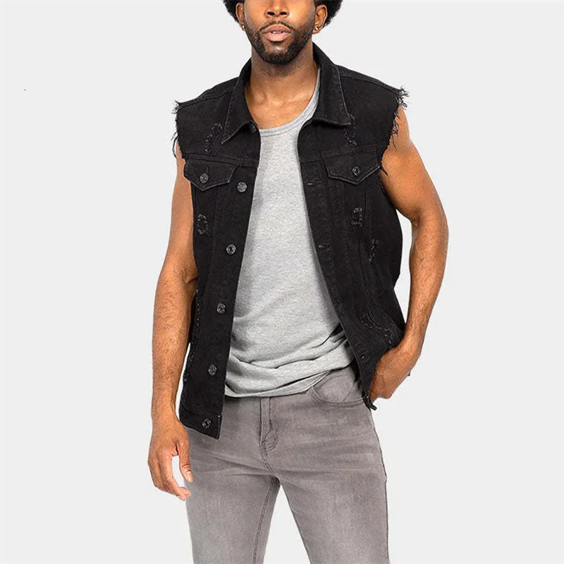 Western Cowboy Style Broken Holes Denim Vest Male Casual Lapel Cardigan Jeans Waistcoats Men Sleeveless Raw Cut Edge Jacket 250707