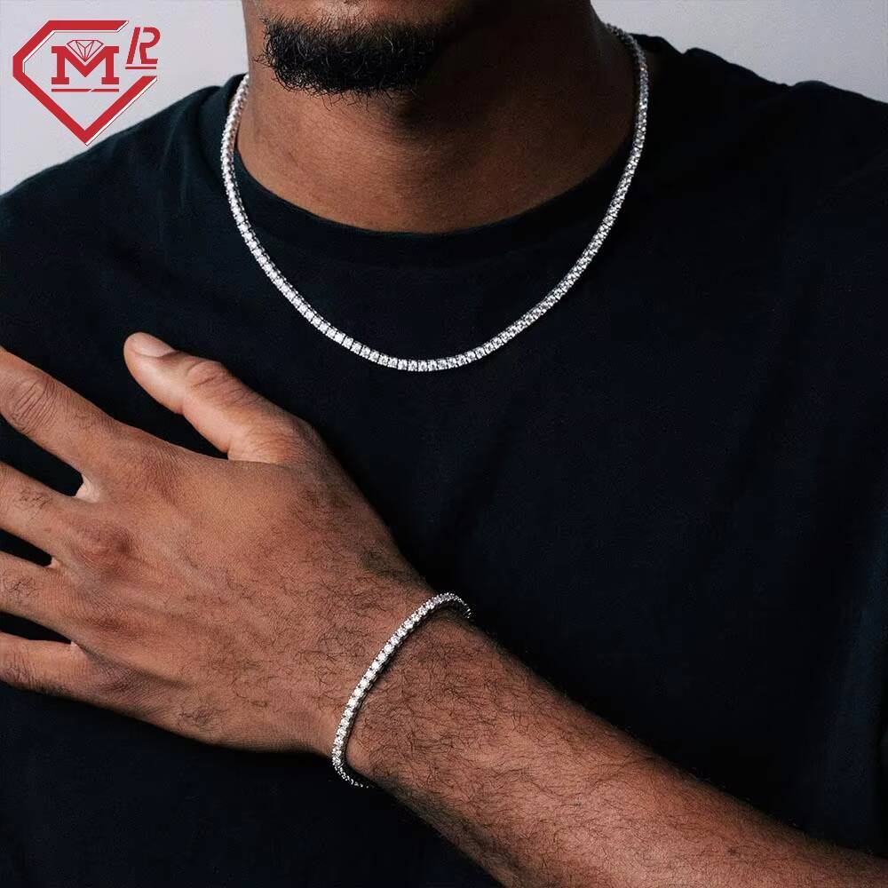 Top Selling 3mm Hiphop Tennis Chain 925 Sterling Silver Necklace Bracelet Set Vvs Moissanite Tennis Chain