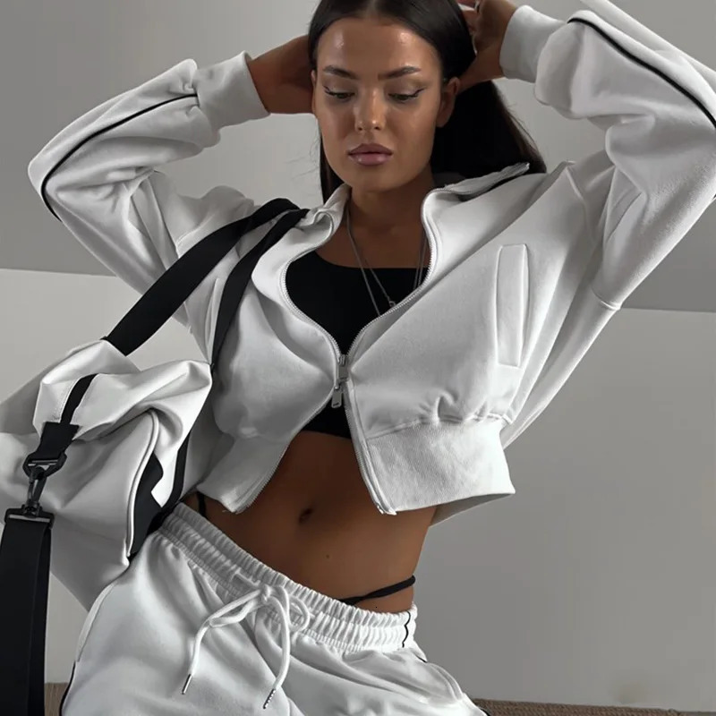 Autumn Fashion Long Sleeve Sports Womens Suit Casual Turn-down Collar Zipper Tops And Loose Wide Leg Pants Female Two Piece Set 250714