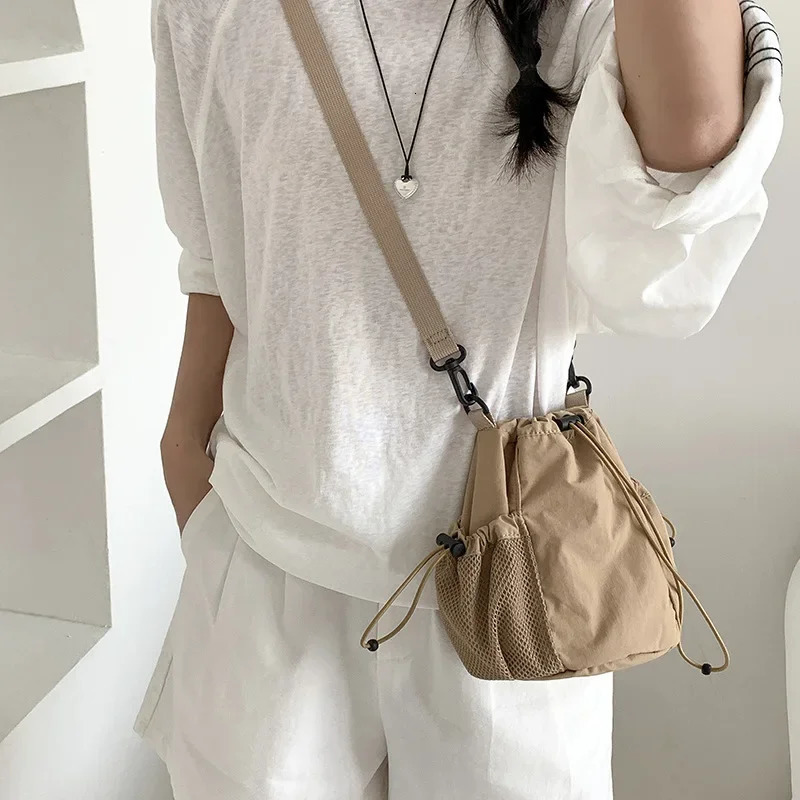 Summer Drawstring Bucket Bags Nylon Canvas Shoulder Crossbody Bags For Women Travel Shopper Handbags Lightweight Small Bags 250717