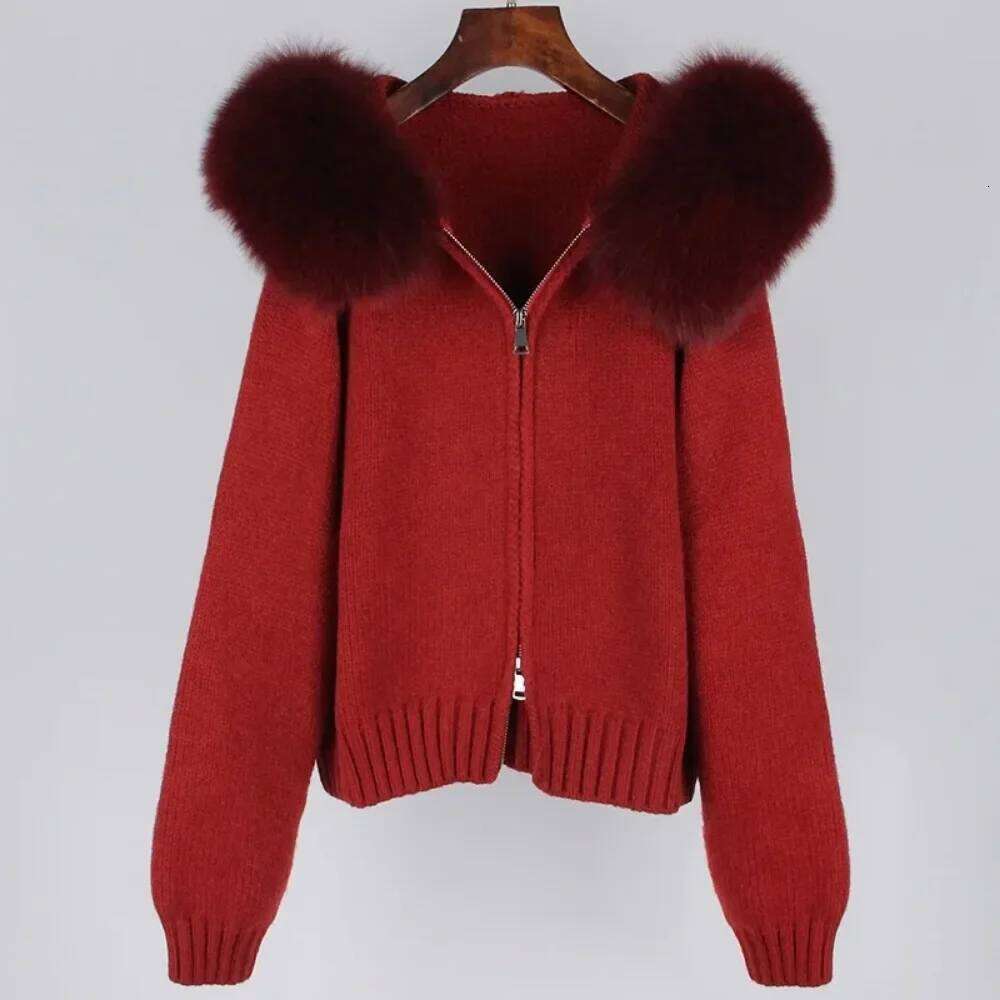 Designer Clothing 2024 Autumn Winter Casual Hooded Real Fox Collar Fashion Short Knitted Jacket With Natural Fur Coat For Women Fashion
