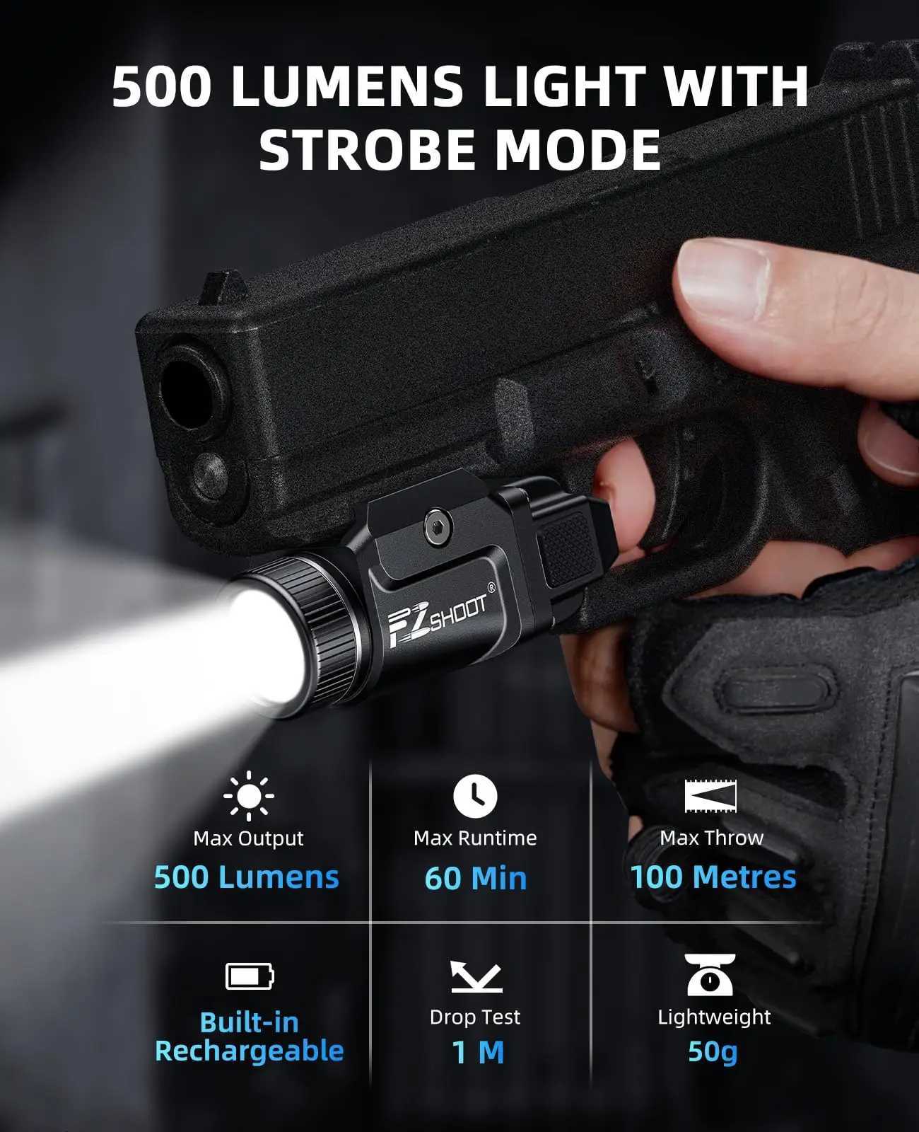 500 Lumens Pistol Light Rechargeable Flashlight with Strobe Mode for Picatinny and GL Rails Mini Gun Light XJ250718